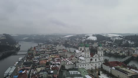 Aerial-view-of-the-cathedral-Passau-in-German-city-on-a-cloudy-day