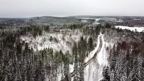 Cinematic-drone-reveal-Winter,-forest-,-road,-car-traveling