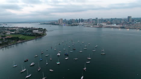 Aerial-waterfront-view-above-San-Diego-bay-and-marina