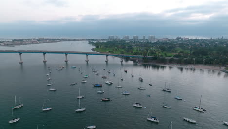 Flying-over-San-Diego-Bay-filled-with-yachts-resting-in-blue-Pacific-Ocean-near-Coronado-Island