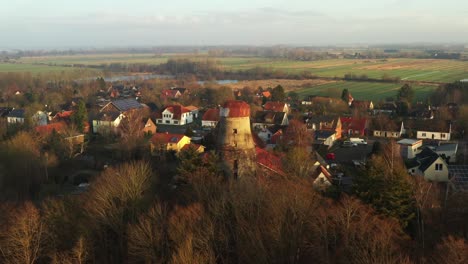 Sunset-drone-shot-of-the-german-city-Hemmor-in-january