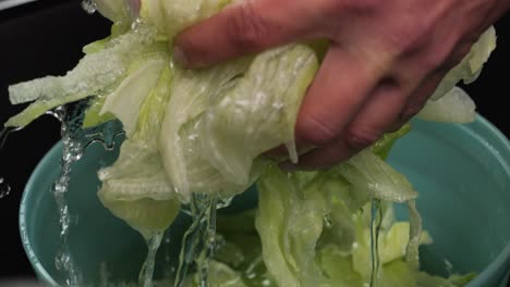 Slow-motion-close-up-shot-of-woman-hands-washing-a-delicious-salad-before-cooking-under-running-water-in-kitchen-sink