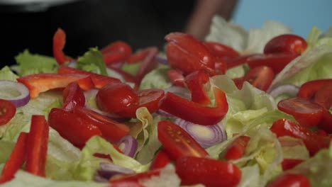 Static-handheld-shot-of-a-delicious-salad-with-tomatoes,-onions-and-peppers-sprayed-with-oil-for-a-delicious-dinner-in-the-kitchen