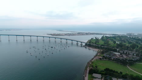 Aerial-waterfront-of-Coronado-bridge-and-island