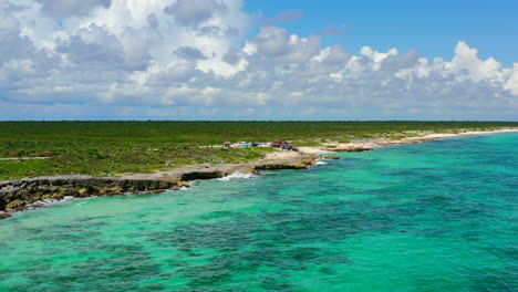 aerial-panoramic-of-tropical-island-coastline-in-Cozumel-Mexico-during-summer-day