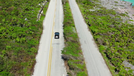 car-driving-on-long-coastal-road-with-lush-green-plants-in-Cozumel-Mexico,-aerial