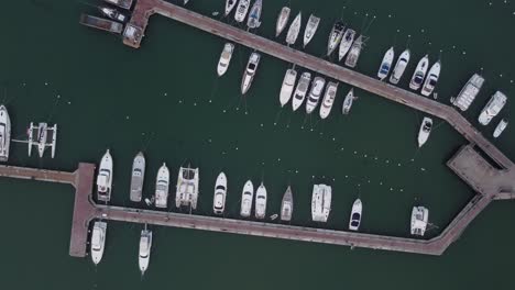 Top-down-aerial-view-of-boats-in-marina
