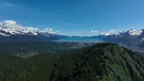 Panorama-De-Exuberante-Bosque-Verde,-Montañas-Nevadas-Y-Lago-Durante-El-Día-En-Alaska,-Estados-Unidos