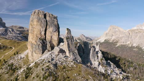 Iconic-Cinque-Torri-Five-Towers-Rock-Formation-in-Italian-Dolomites-near-Cortina-d'Ampezzo
