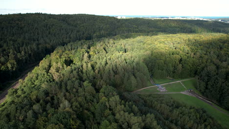 Picnic-Ground-With-Dam-Surrounded-By-Dense-Thickets-Of-Trees-In-Gdynia,-Poland