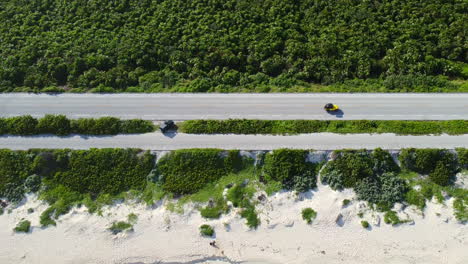 aerial-top-down-of-yellow-vehicle-driving-on-coastal-road-in-Cozumel-Mexico