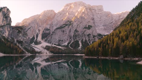 Low-Drone-Flight-Over-Lake-Braies-with-Incredible-Mountain-Reflection