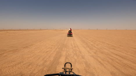Off-Road-Quad-Bikes-Travel-Egyptian-Safari-Desert,-Hurghada-Egypt-Adventure-Trip-in-the-Dunes,-Sand,-Wide-Horizon,-60-Fps