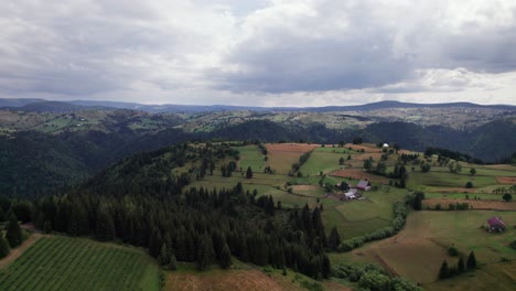 Aerial-of-agriculture-green-field-with-houses-in-countryside,-Marisel