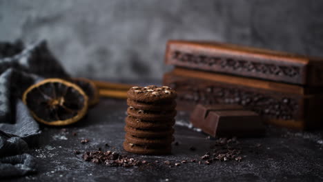 Chocolate-Cookies-with-pieces-of-crushed-cacao-beans-on-a-moody-background