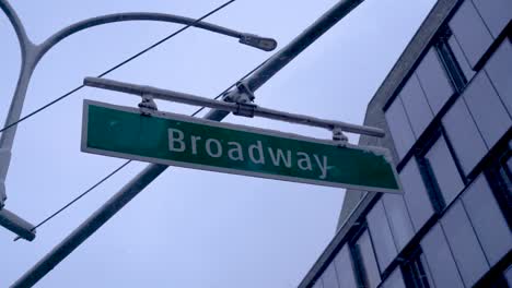 Broadway-street-sign-in-Soho,-Manhattan-during-snowy-morning
