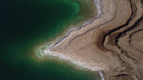 Top-down-aerial-view-of-the-salty-coastline-of-the-dead-sea-in-Jordan