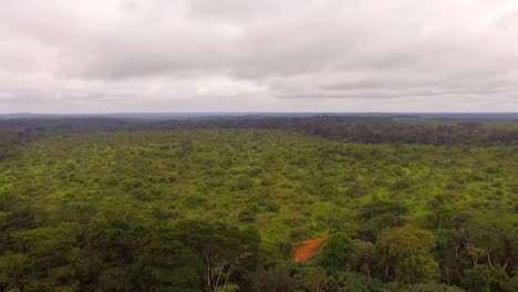 Aerial-drone-view-above-endless-africanl-rainforest,-on-a-cloudy-day,-in-Nanga-Eboko-Forest,-Haute-Sanaga,-Southern-Cameroon