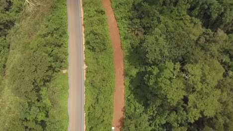 Top-down-view-of-a-street-of-the-forest-Nanga-as-a-car-drives-by