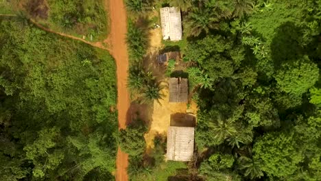 Aerial-view-of-houses-and-dirt-road-surrounded-by-lush-green-forest-in-Kribi-in-Cameroon,-west-Africa