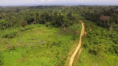 Aerial-drone-view-of-a-small-sand-road,-in-the-Jungle,-on-a-sunny-day,-in-Nanga-Eboko-forest,-Haute-Sanaga,-Southern-Cameroon