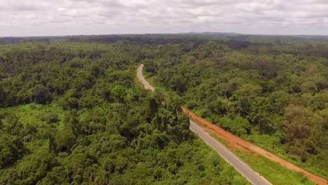 Aerial-drone-view-towards-a-forest-road,-in-the-Jungle,-on-a-sunny-day,-in-Nanga-Eboko,-Haute-Sanaga,-Southern-Cameroon