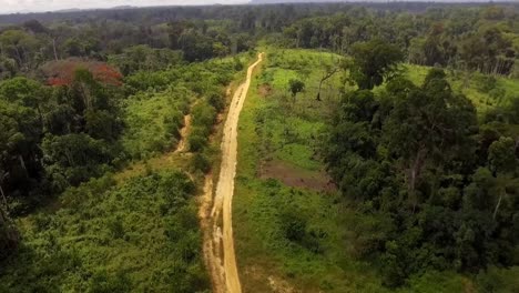 Aerial-drone-view-over-a-small-sand-road,-in-the-african-Jungle,-on-a-sunny-day,-in-Nanga-Eboko-forest,-Haute-Sanaga,-Southern-Cameroon