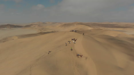 Aerial-left-to-right-rotation-people-on-to-of-large-dune-with-sand-boards
