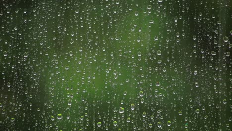 Regentropfen-Auf-Glasfenster-Mit-Verschwommenen-Grünen-Pflanzen-Im-Hintergrund