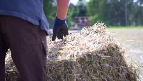Farmer-Boy-Grabs-Hay-Bale-From-Chute-Close-Up-Slow-Motion