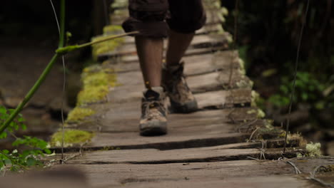 Hanging-Bridge-with-Moss-with-Tourist-Wakling-Towards-Camera-Close-up-Slow-Motion