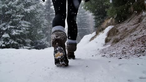 slow-motion-of-woman's-boots-walking-threw-a-snow-forest,-very-visible-snow-falling-demonstrated-the-a-very-beautiful-low-angle-shot