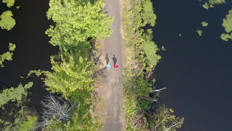 top-down-drone-clip-of-two-runners-on-a-narrow-path-in-the-middle-of-a-pond