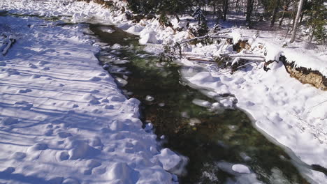 Schwenk--Und-Kippdrohnenaufnahme-Eines-Eisigen-Und-Fließenden-Winterflusses