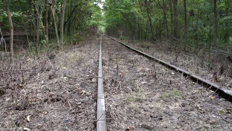 Slow-Tilt-Up-Shot-of-Old-Abandoned-Overgrown-Train-Tracks