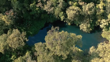 Drone-aerial-unveiling-or-revealing-shot-of-the-hidden-Telaga-Biru-at-the-forest-near-Gede-Mountain-in-Java-island,-Indonesia