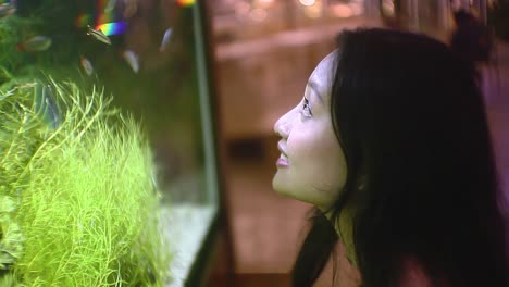 Southeast-asian-woman-looking-and-admiring-a-big-aquascape-with-small-fishes-swimming-around,-outdoor-in-the-night