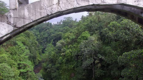 Drone-flying-backwards-under-the-bridge-in-indonesian-jungle-rainforest-on-bali-island-at-cloudy-weather