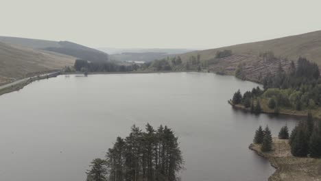 Bird-launches-from-a-tree-island-over-the-Beacons-Reservoir-of-Brecon-during-an-aerial-drone-shot-descending-to-water-level-during-cold-and-gloomy-overcast-morning