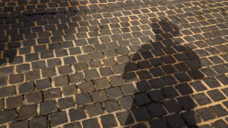 A-man-casting-his-own-shadow-while-standing-on-a-brick-street-pavement-as-other-people-pass-by-casting-their-own-shadows-as-well
