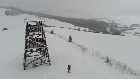 Person-walking-away-from-forest-lookout-tower-in-winter-scenery