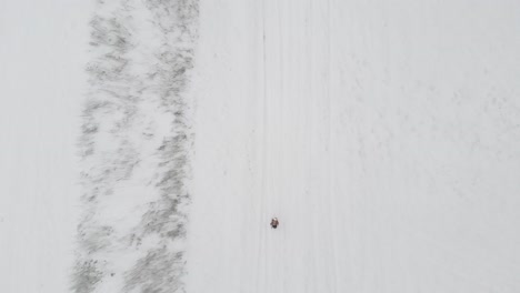 Person-walking-through-snowed-in-winter-landscape-bottom-down-aerial-view