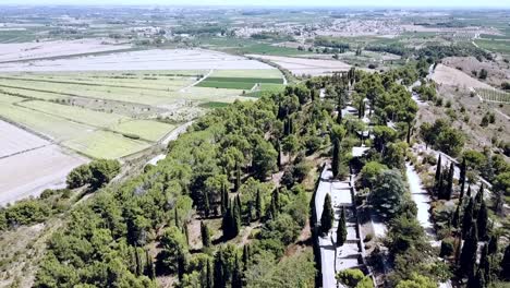 Vista-Aérea-De-Los-Campos-Circulares-Del-Lago-Drenado-De-Montady,-Francia,-Europa