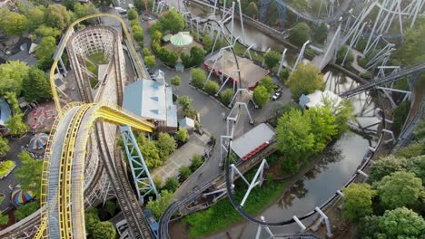 Dramatic-roller-coasters-and-amusement-Park-rides-in-Pennsylvania,-USA,-aerial-drone-view