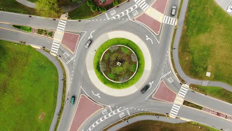 Aerial-top-down-drone-view-of-traffic-circle-roundabout,-slowly-descending
