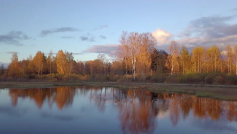 Bunte-Luftaufnahme-Von-Bäumen,-Die-Sich-Im-Teich-Bei-Goldenem-Herbstsonnenuntergang-Spiegeln---Nach-Links-Schwenkend