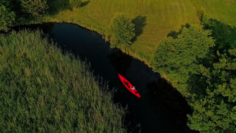 AERIAL:-Young-Man-in-in-bright-Red-canoe-cruising-on-clear-water-river-with-beautiful-rich-green-nature-on-a-sunny-day-[4K