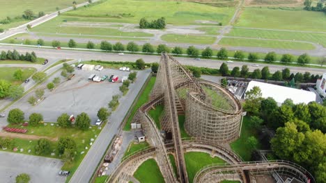 A-large-wooden-roller-coaster-in-Pennsylvania,-aerial-drone-view