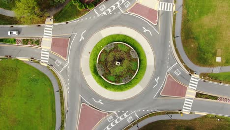 Aerial-top-down-static-drone-view-of-traffic-circle-roundabout-with-a-few-cars