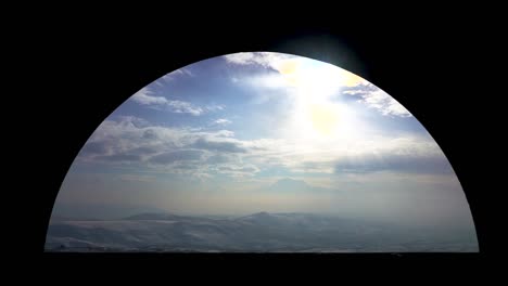 Silhouette-Des-Bogens-Von-Charent-In-Armenien-Während-Des-Sonnenuntergangs-Im-Winter-Mit-Blick-Auf-Den-Schneebedeckten-Berg-Ararat-Und-Die-Gefrorenen-Ebenen-Darunter